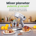 Mixer cu bol de 6 L din inox, 1800 W, 2 kg aluat, carcasă aluminiu, 10 viteze, timer, 3 accesorii inox, MB-1800-NOVA, argintiu 7