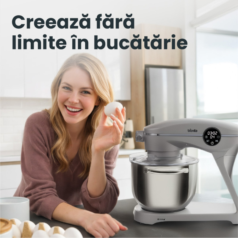 Mixer cu bol de 6 L din inox, 1800 W, 2 kg aluat, carcasă aluminiu, 10 viteze, timer, 3 accesorii inox, MB-1800-NOVA, negru 10