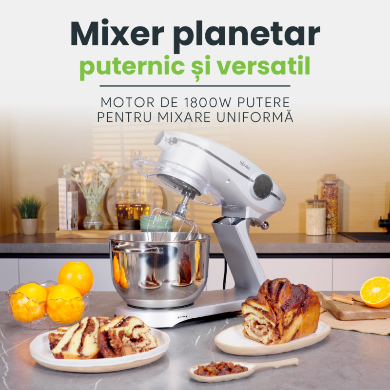 Mixer cu bol de 6 L din inox, 1800 W, 2 kg aluat, carcasă aluminiu, 10 viteze, timer, 3 accesorii inox, MB-1800-NOVA, negru 7