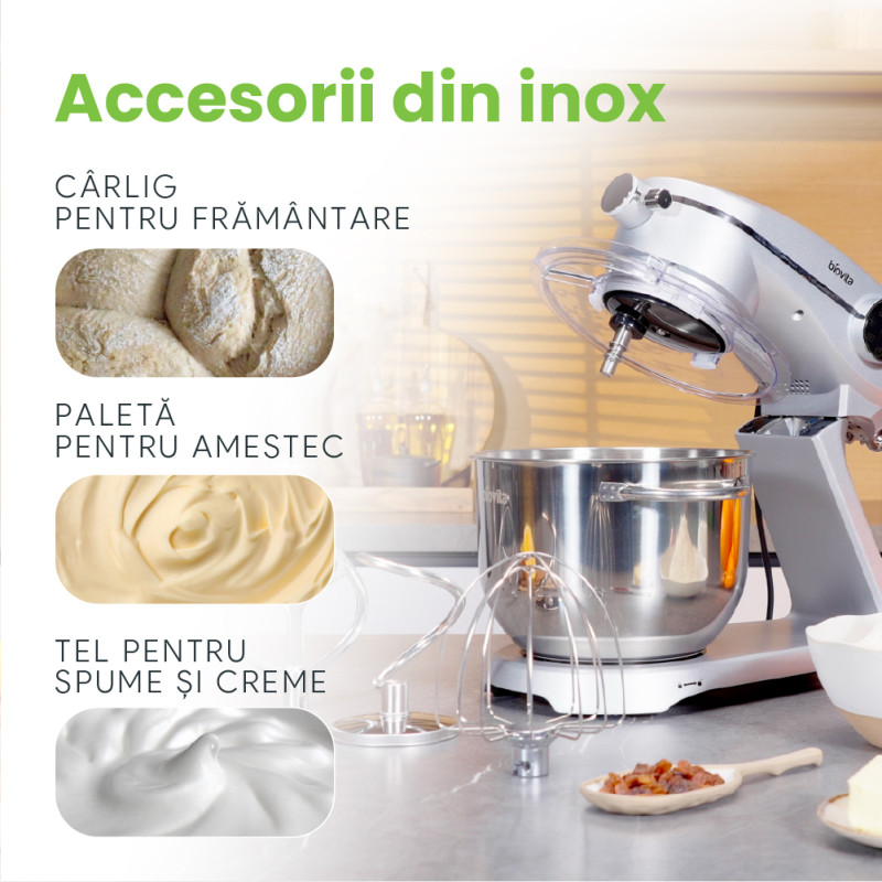 Mixer cu bol de 6 L din inox, 1800 W, 2 kg aluat, carcasă aluminiu, 10 viteze, timer, 3 accesorii inox, MB-1800-NOVA, negru 2