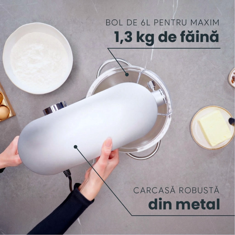 Mixer cu bol de 6 L din inox, 1800 W, 2 kg aluat, carcasă aluminiu, 10 viteze, timer, 3 accesorii inox, MB-1800-NOVA, negru 3