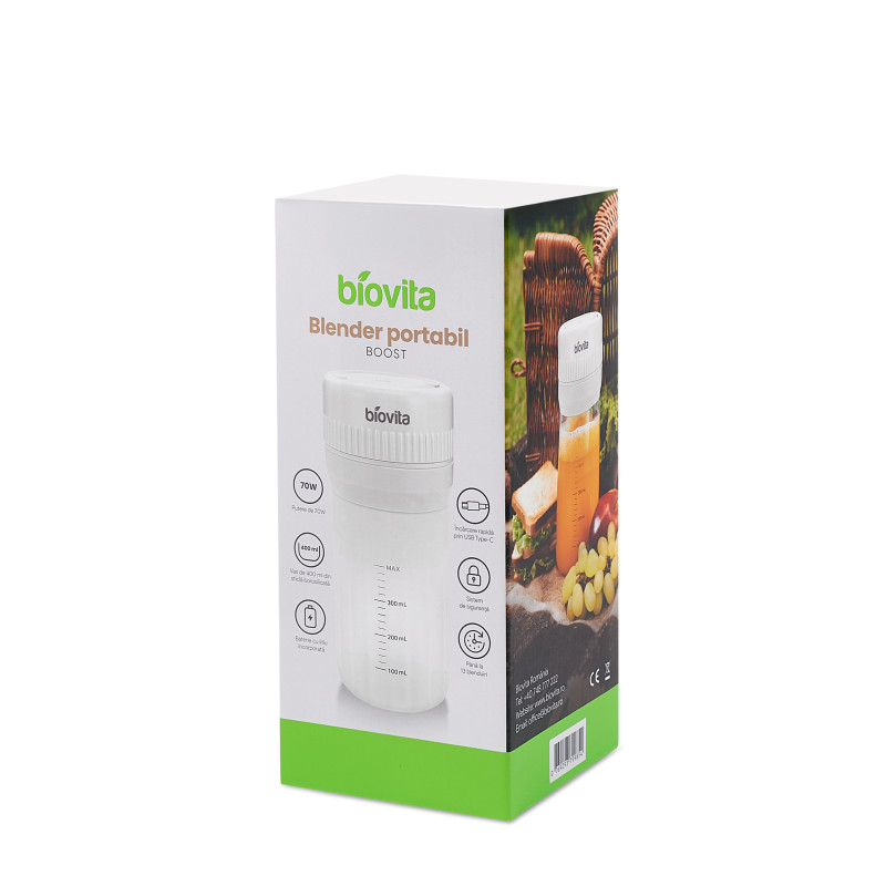 Blender portabil, 70W, smoothie și sport, vas de sticlă 400 ml, baterie litiu, cutie
