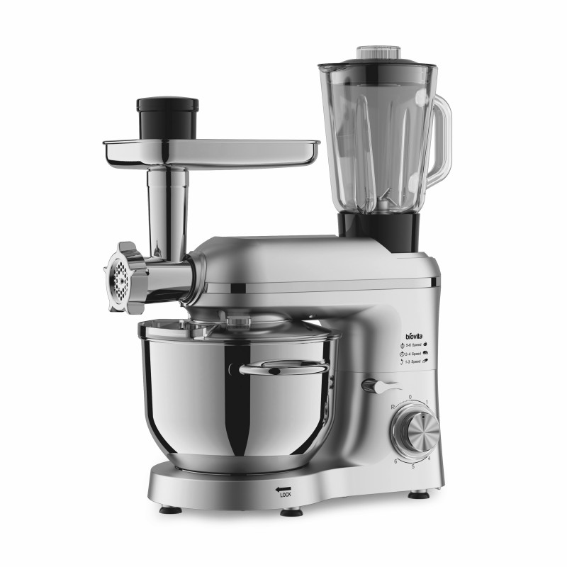 Mixer cu bol de 6 L din inox, 1500 W, 2 kg aluat, cu tocător și blender, 6 viteze, MB-1500SET, argintiu 2