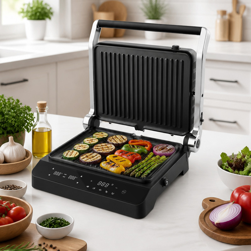 Grătar electric și sandwich maker, 2000 W, plăci ceramice, 180°, 5 programe.