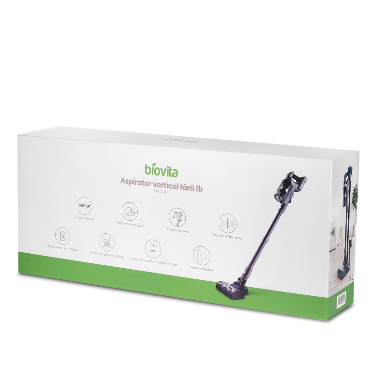Aspirator vertical fără fir Biovita FALCON, 650 W, autonomie până la 85 minute, baterie 4000 mAh și filtrare Multi-Cone, cutie
