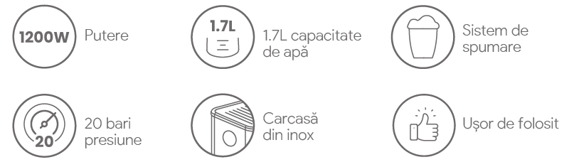 Espressor ROYAL, 1200W, 1.7L, 20 bari, carcasă inox, spumare, Argintiu